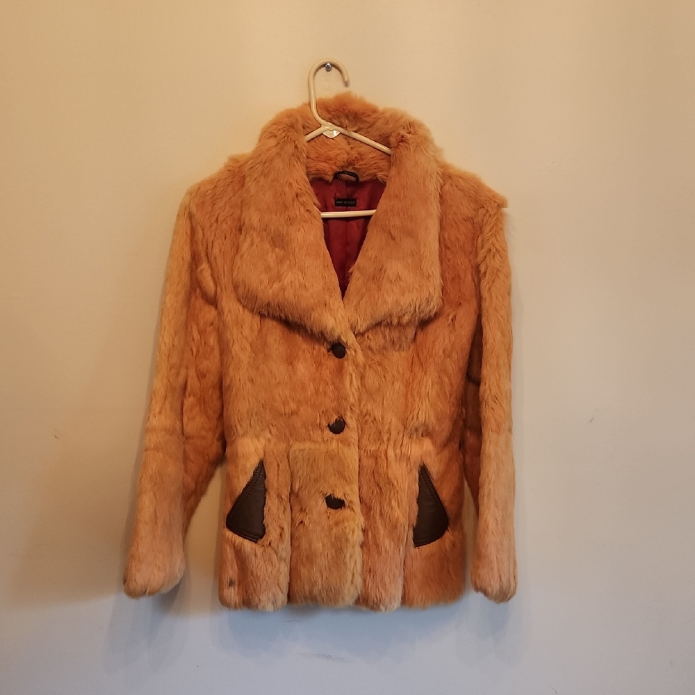 Faux Fur Orange With Brown Accent Leather Trim Jacket
